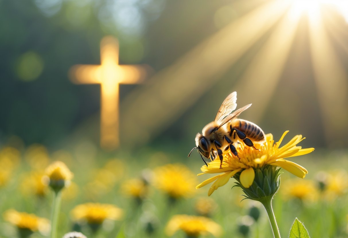A close-up of a honeybee on a yellow flower with sunlight creating a glowing cross shape in the blurred background.