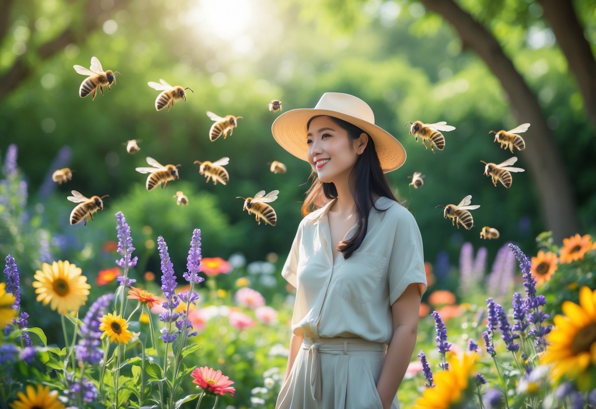 A young woman standing peacefully in a sunlit garden with colorful flowers as bees hover around her.