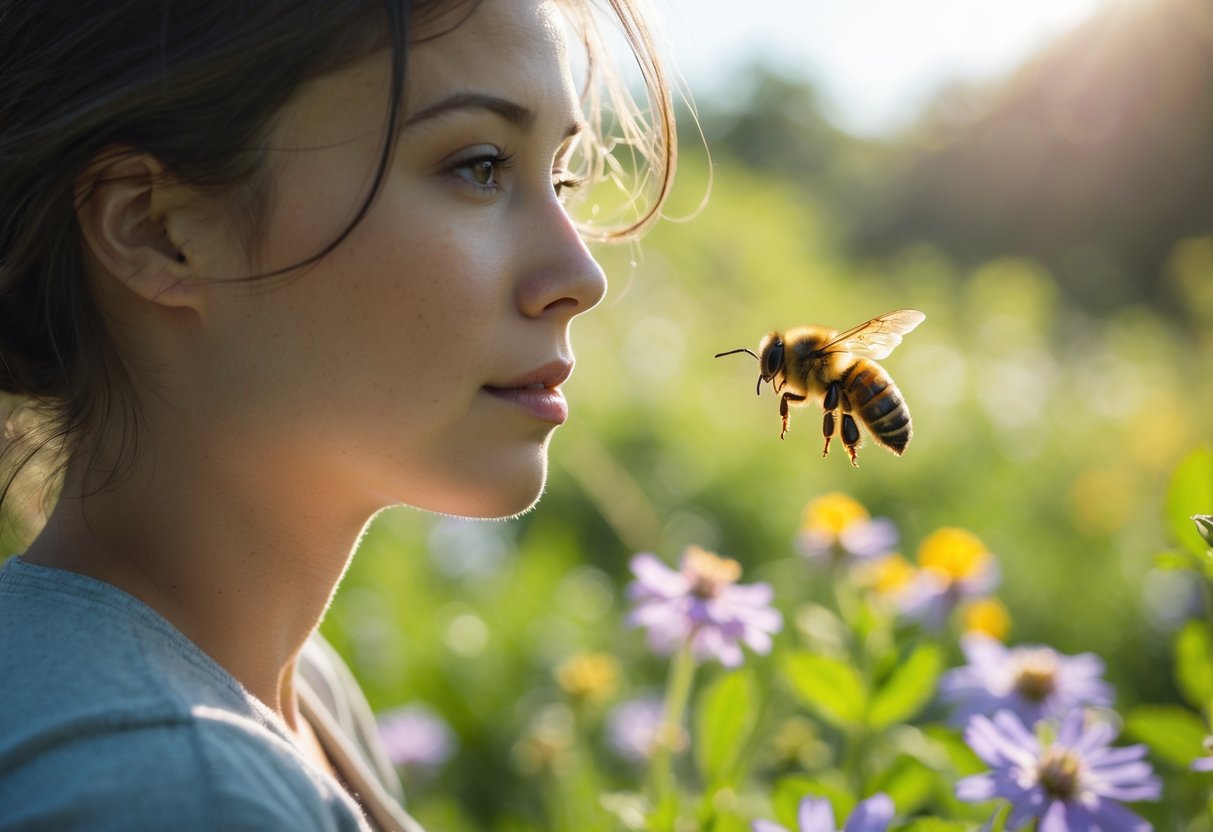 A person outdoors in a garden with a bee hovering near their face among flowers and greenery.