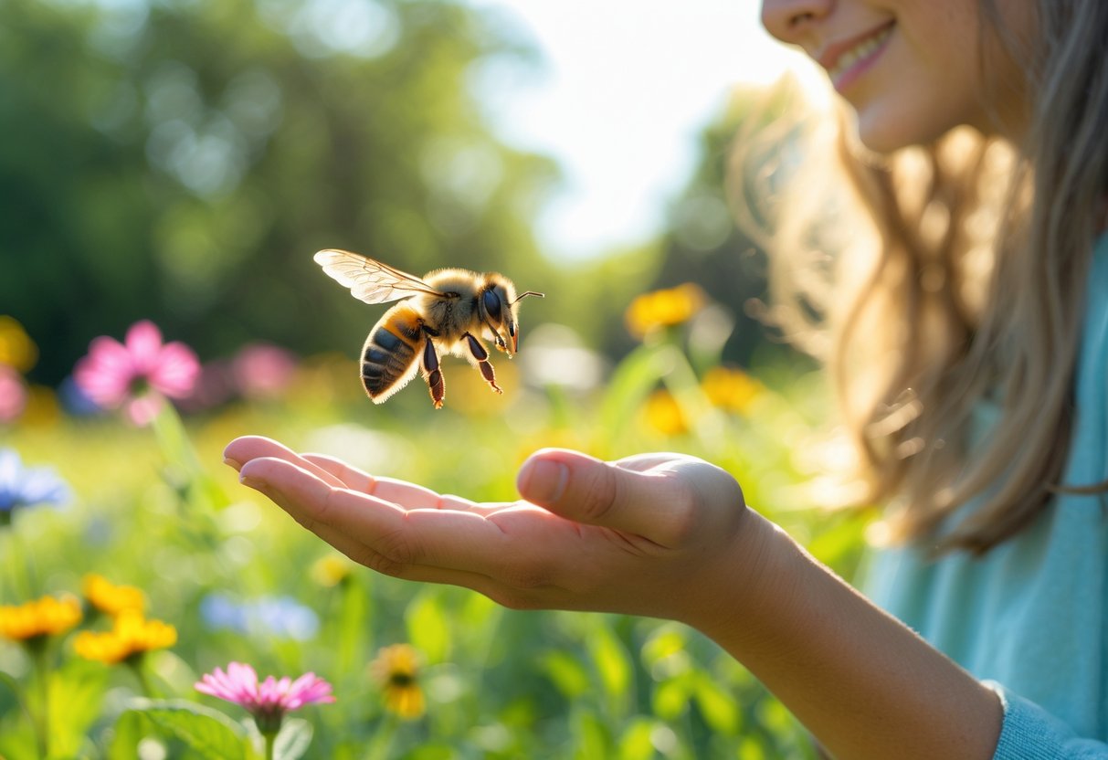 A person outdoors holding out their hand as a bee flies towards it among flowers and greenery.