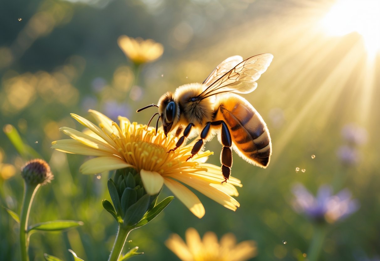 A close-up of a honeybee on a glowing golden flower with sunlight filtering through a background of wildflowers and greenery.