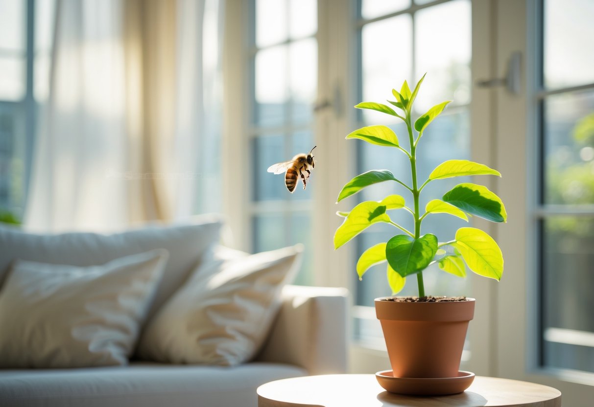 A honeybee flying inside a sunlit living room near a potted plant on a wooden table.