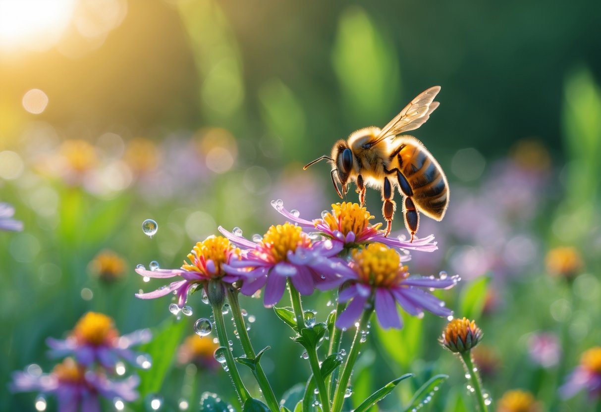 A honeybee hovering near colorful wildflowers with green foliage in the background.