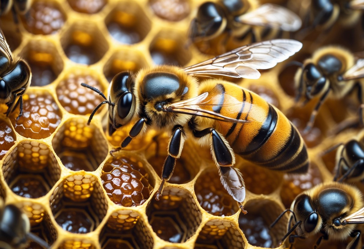 Close-up of a queen bee on a honeycomb surrounded by worker bees inside a beehive.