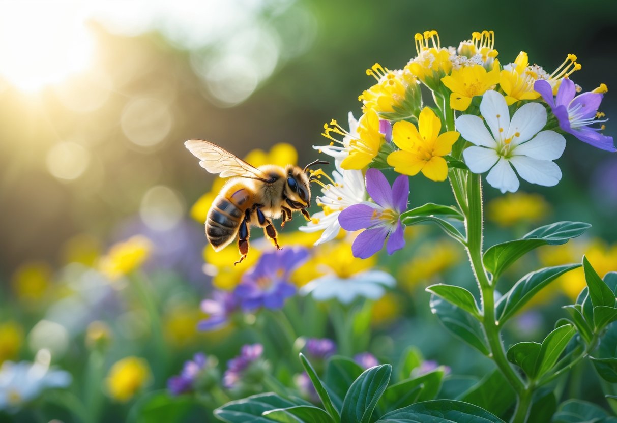 A bee flying toward colorful flowers in a sunlit garden.