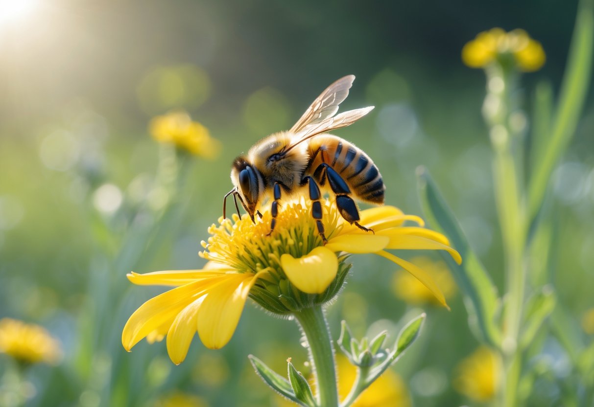 A close-up of a bee collecting pollen on a yellow flower in a sunlit meadow with blurred green plants in the background.
