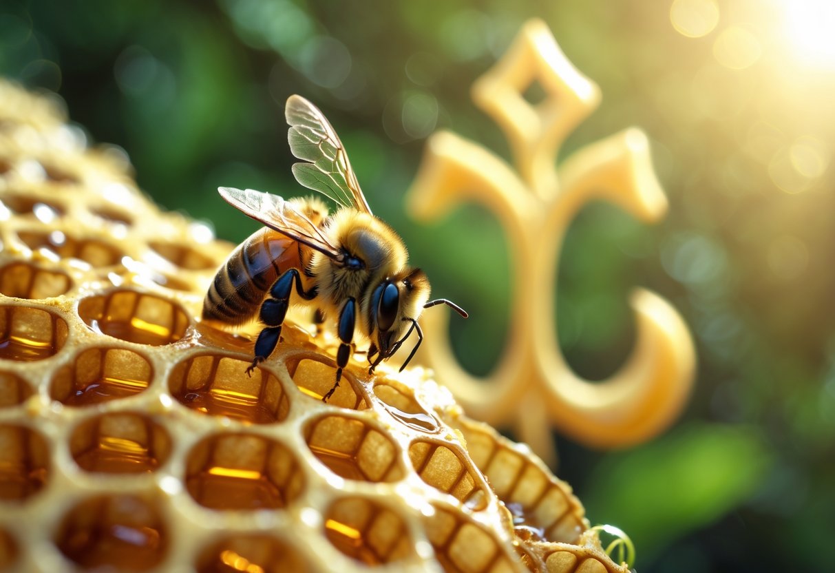 A close-up of a bee on a honeycomb shaped like a divine symbol with sunlight filtering through green leaves in the background.