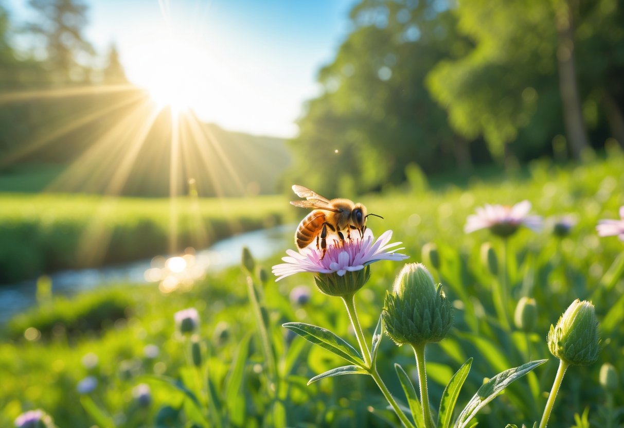 A honeybee resting on a blooming wildflower in a sunlit meadow with a stream and trees in the background.