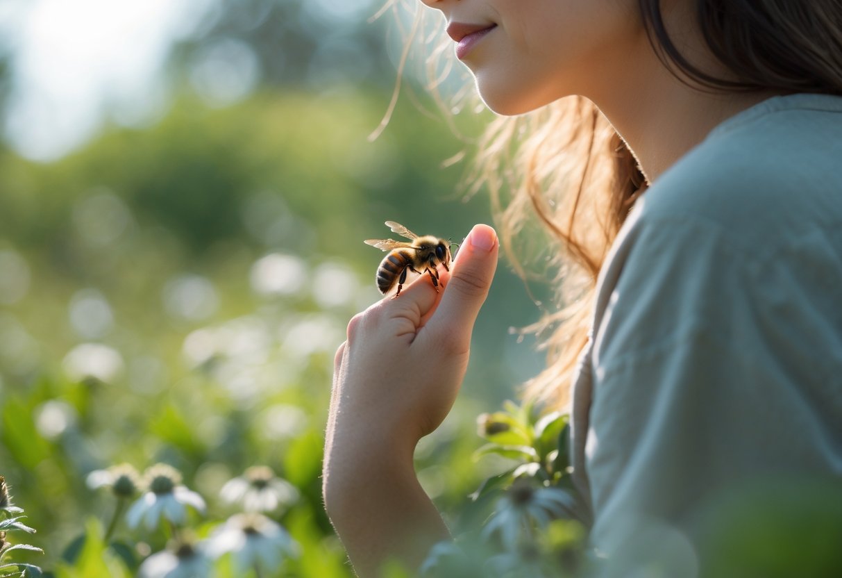 A person outdoors calmly observing a bee resting on their arm with greenery and flowers in the background.