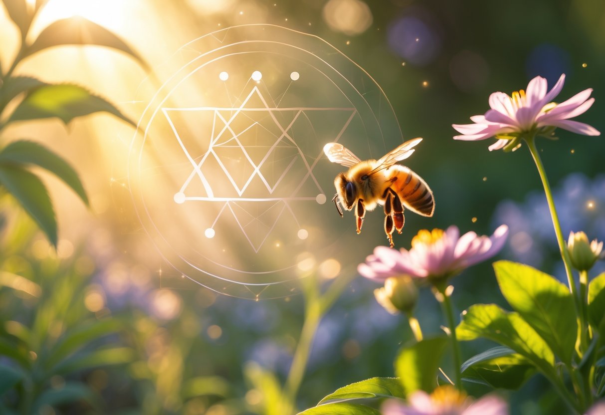 A close-up of a honeybee near colorful flowers in a sunlit garden with soft glowing light and subtle spiritual patterns in the background.