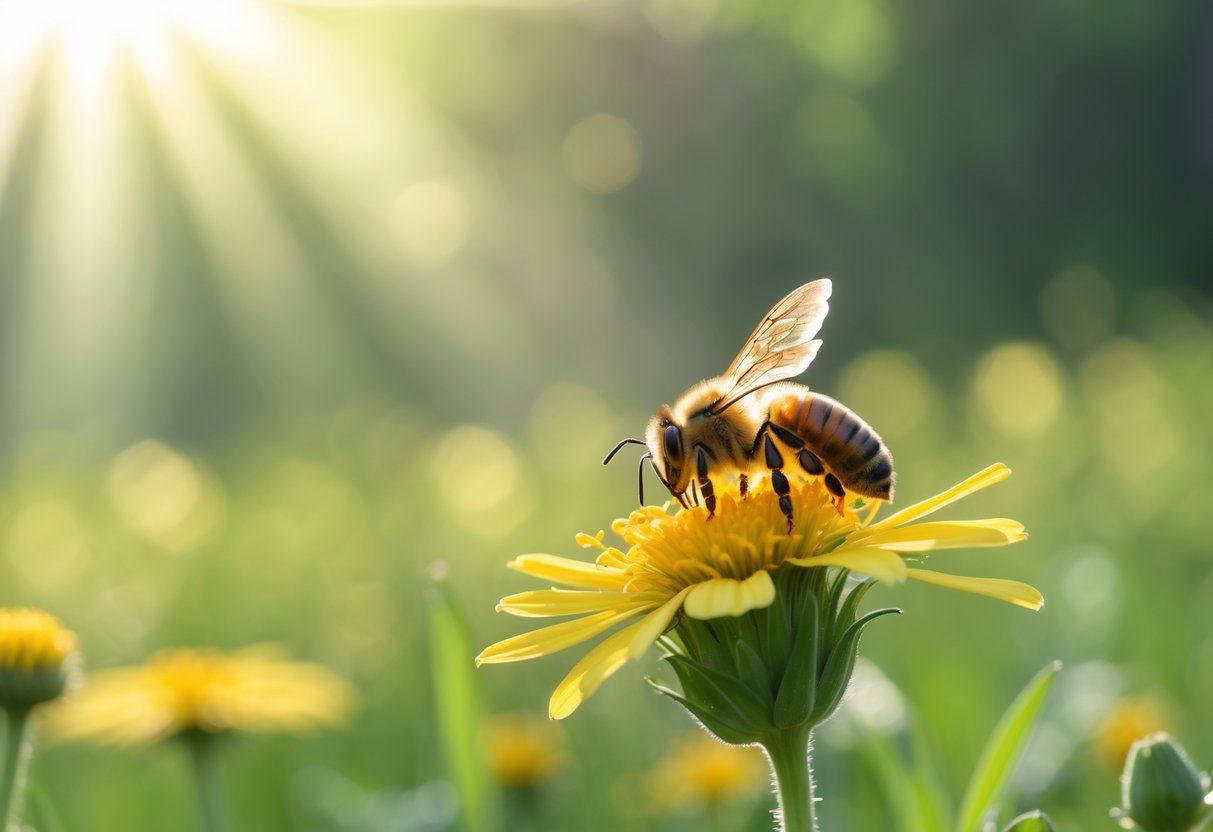 A honeybee resting on a yellow flower in a sunlit meadow with soft green foliage in the background.