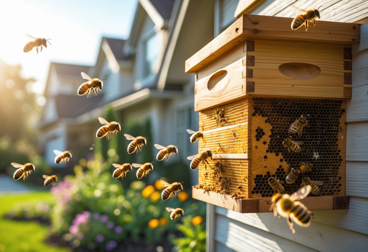 Close-up of a wooden beehive attached to a house with bees flying around and a garden with flowers in the background.