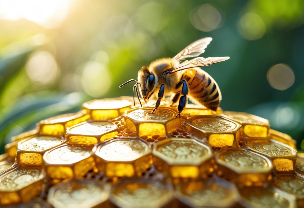 A honeybee sitting on a golden honeycomb that looks like stacked coins with green foliage blurred in the background.