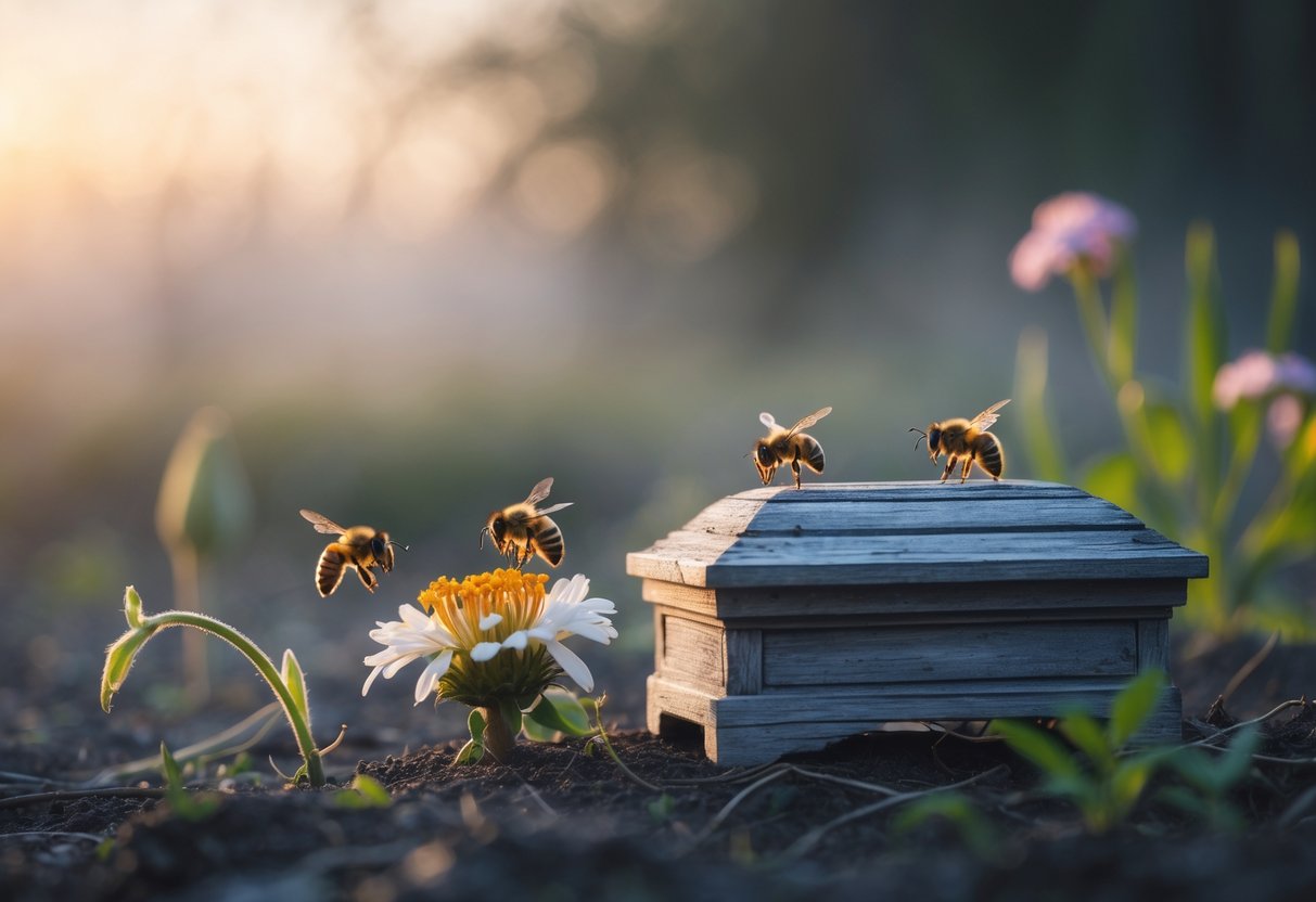 Bees gathered on a wilted flower near a small wooden urn in a peaceful natural setting at dusk, with new plants growing nearby.