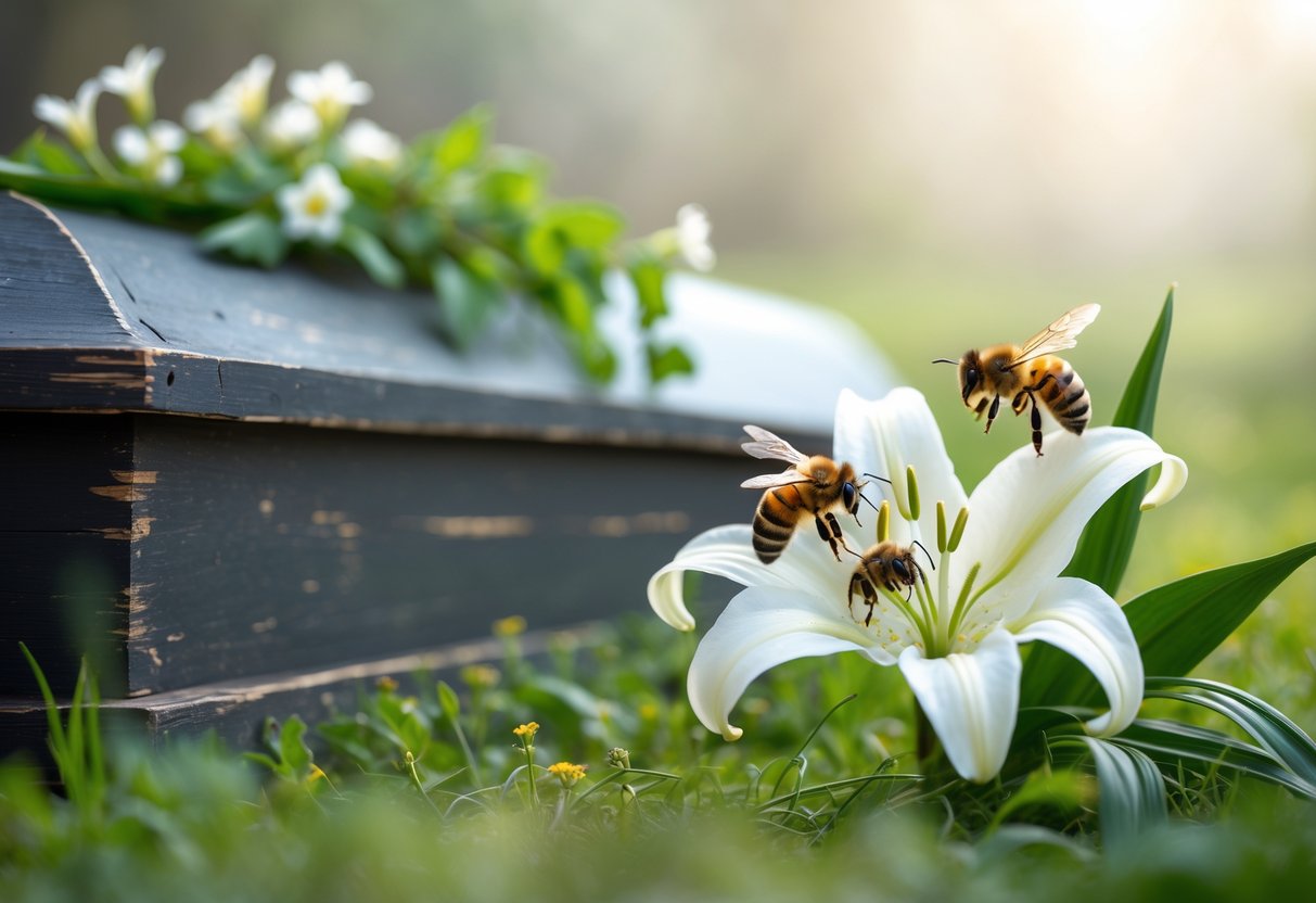 Close-up of bees on a white lily flower with a blurred wooden coffin and greenery in the background, symbolizing the connection between bees and death.