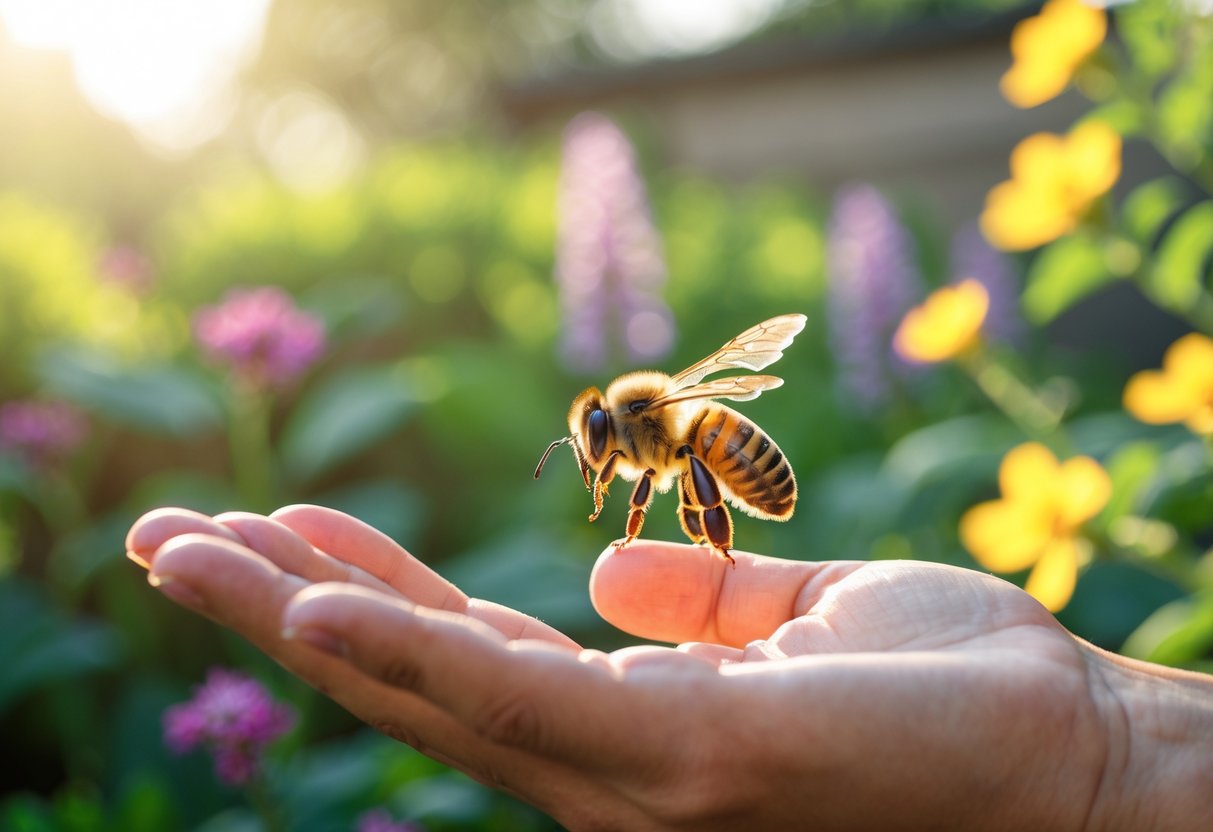 A honeybee landing on a person's outstretched hand surrounded by green plants and flowers.