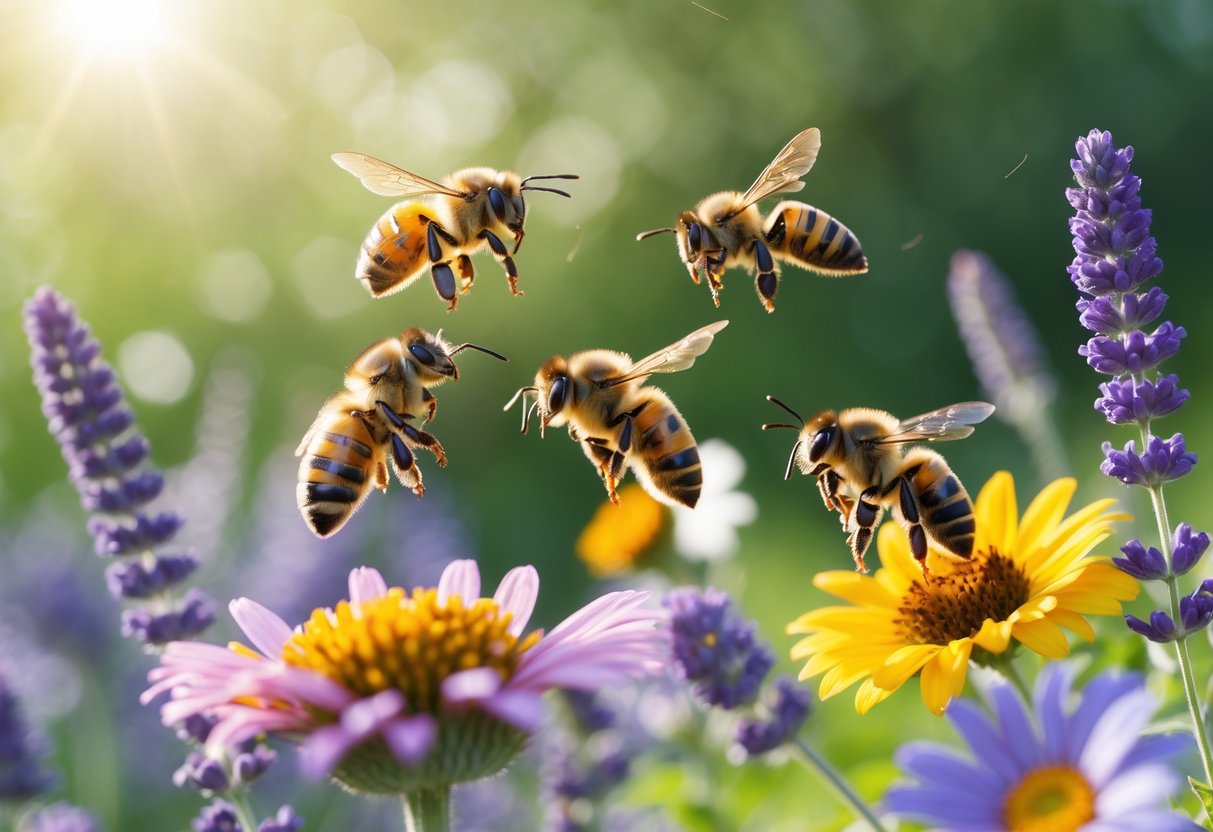 Close-up of different types of bees visiting colorful flowers in a sunlit garden.