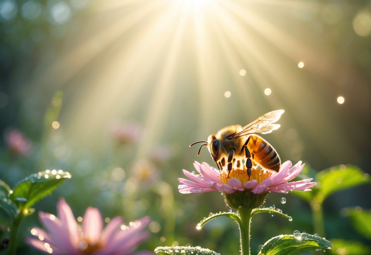 A honeybee resting on a bright flower with sunlight filtering through a garden background.