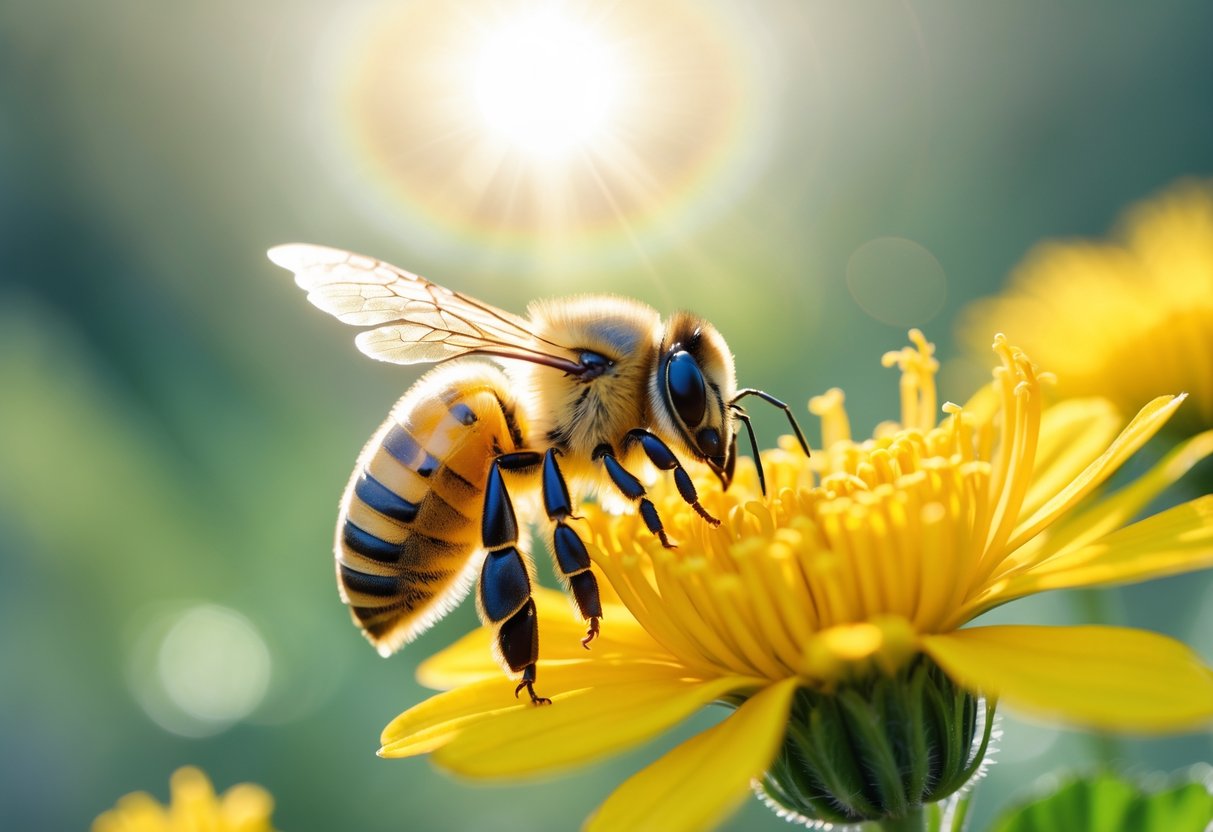 A close-up of a honeybee on a yellow flower with a soft glowing light in the background.