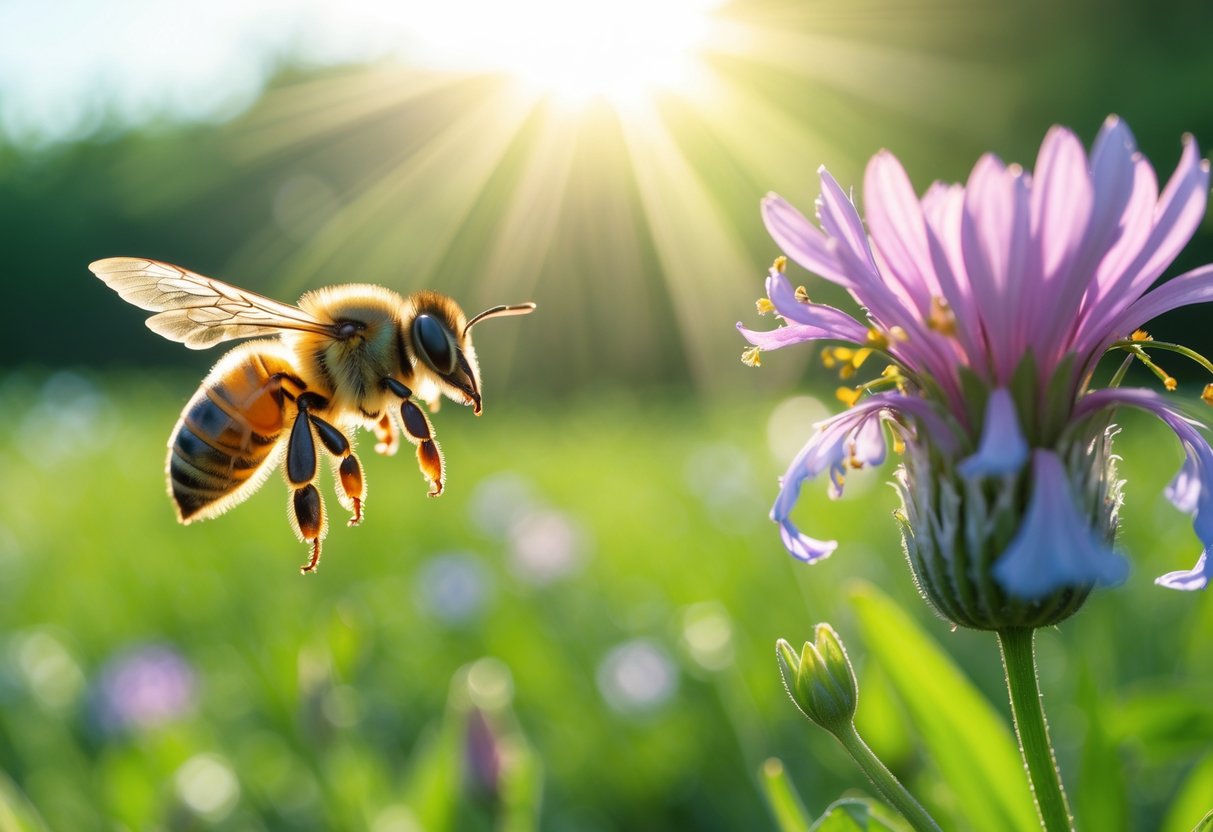 Close-up of a honeybee hovering near a colorful flower in a sunlit meadow.
