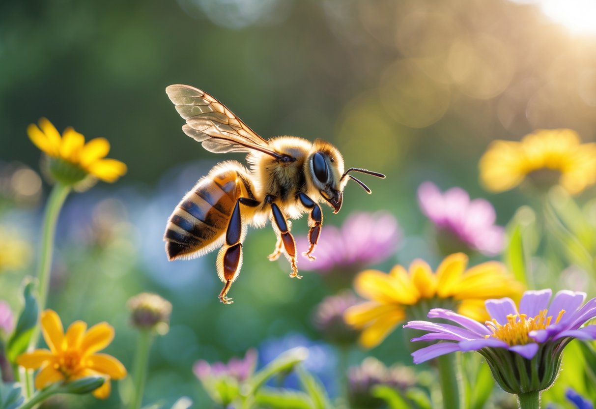 A honeybee flying toward a colorful flower in a bright garden with other flowers in the background.