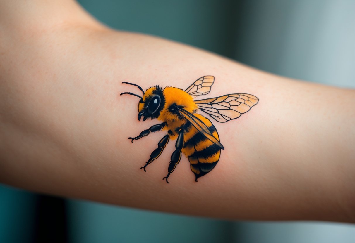 Close-up of a woman's forearm showing a detailed bee tattoo on her skin.
