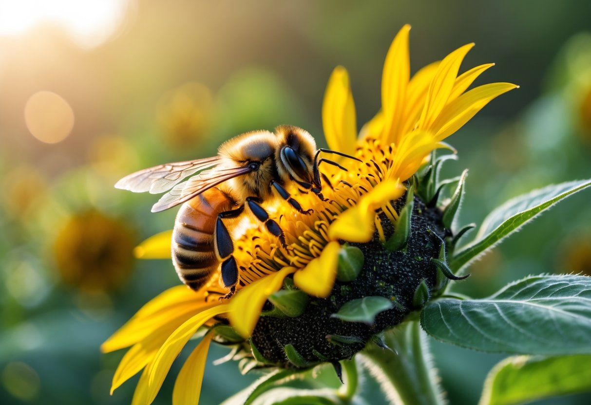 A honeybee sitting on a yellow sunflower with green foliage in the background.