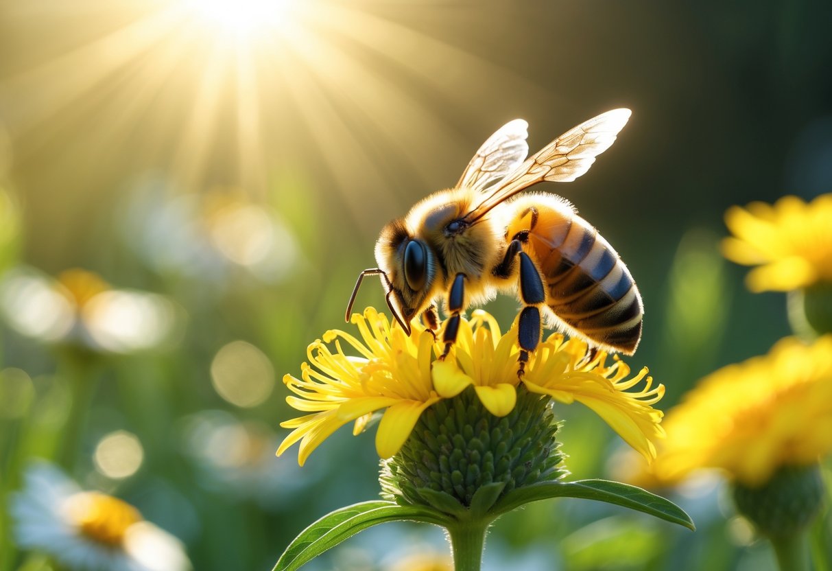 A close-up of a honeybee on a yellow flower surrounded by greenery in sunlight.