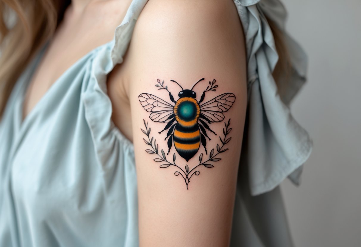 Close-up of a woman's arm with a detailed bee tattoo surrounded by floral designs.