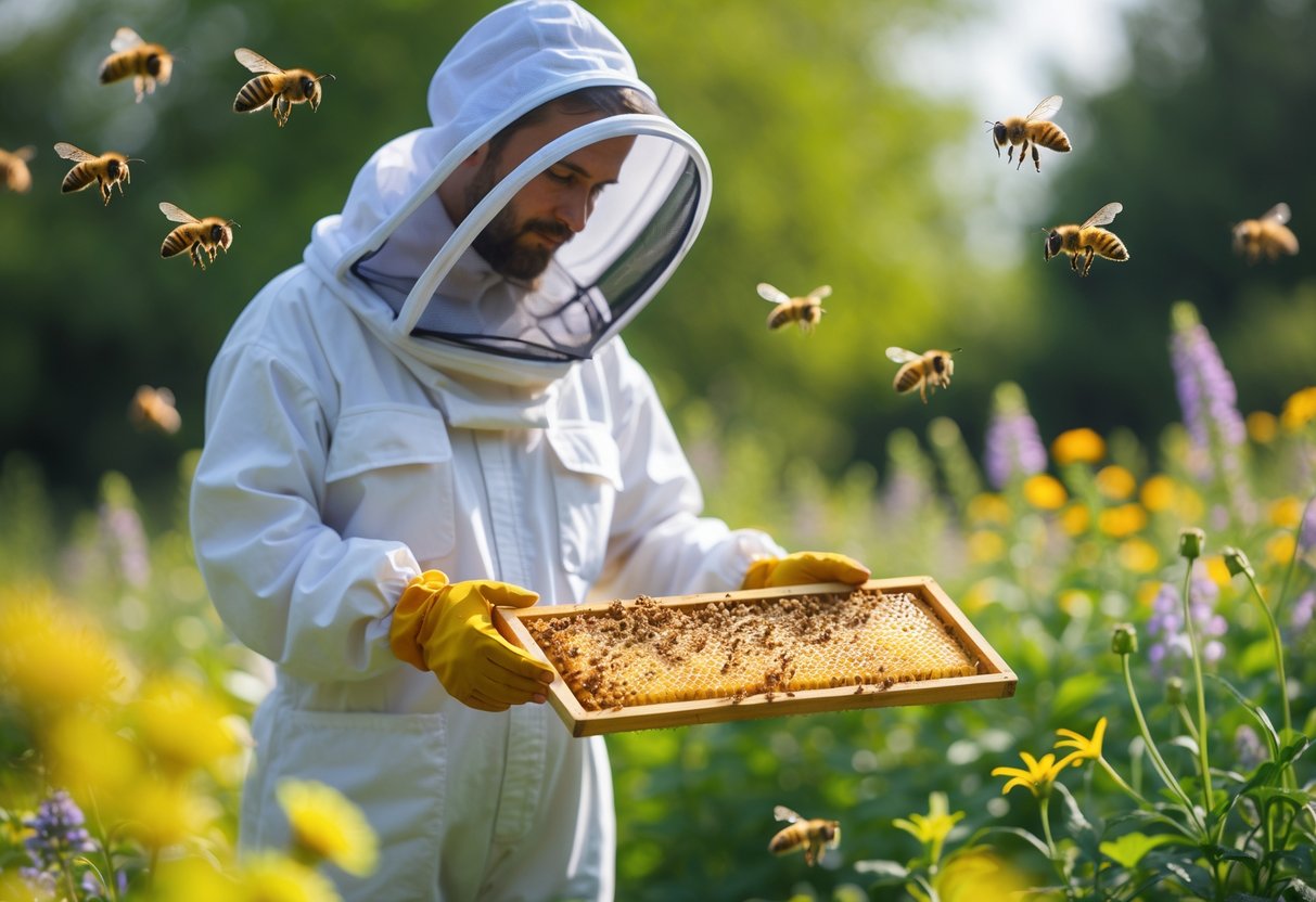 A person in a protective beekeeping suit holding a honeycomb frame among flowers with bees flying around.