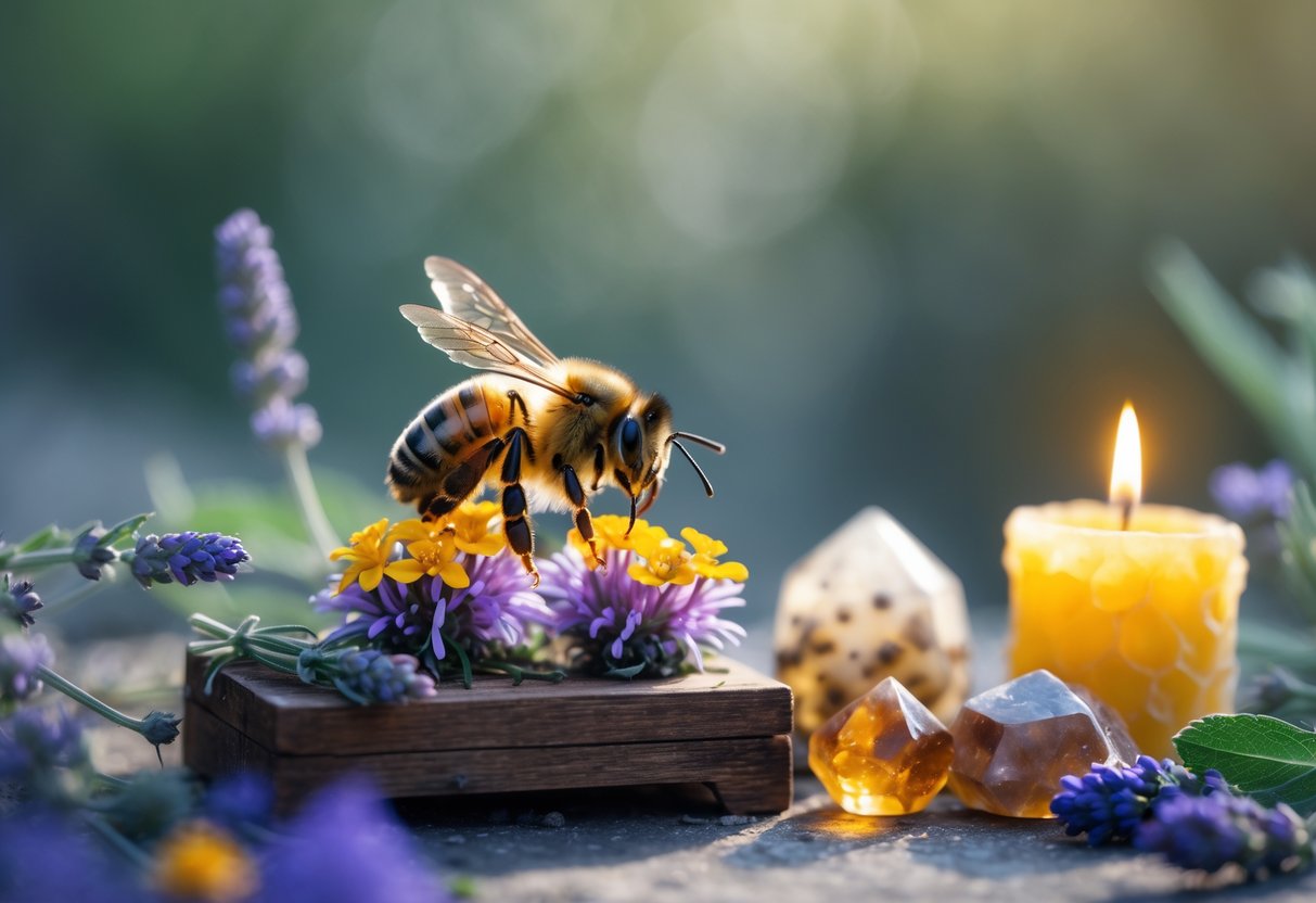 A close-up of a honeybee on wildflowers with a wooden altar, dried herbs, a lit candle, and crystals in the background.