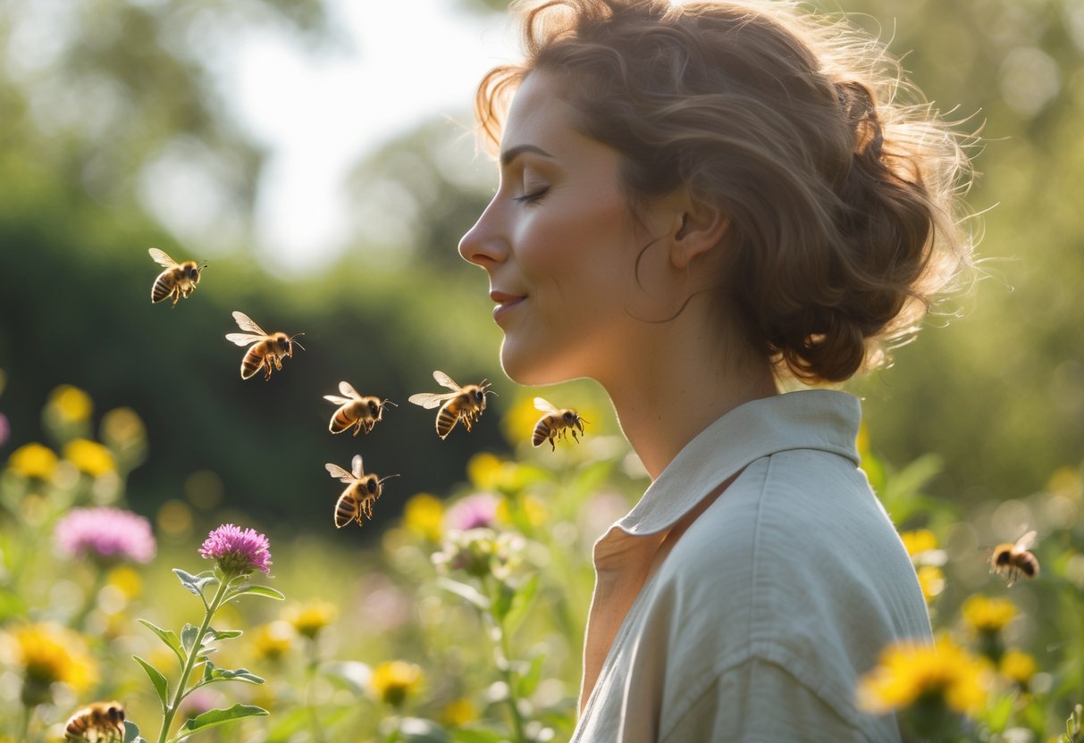 A person standing calmly outdoors surrounded by bees hovering and landing on them near flowers.