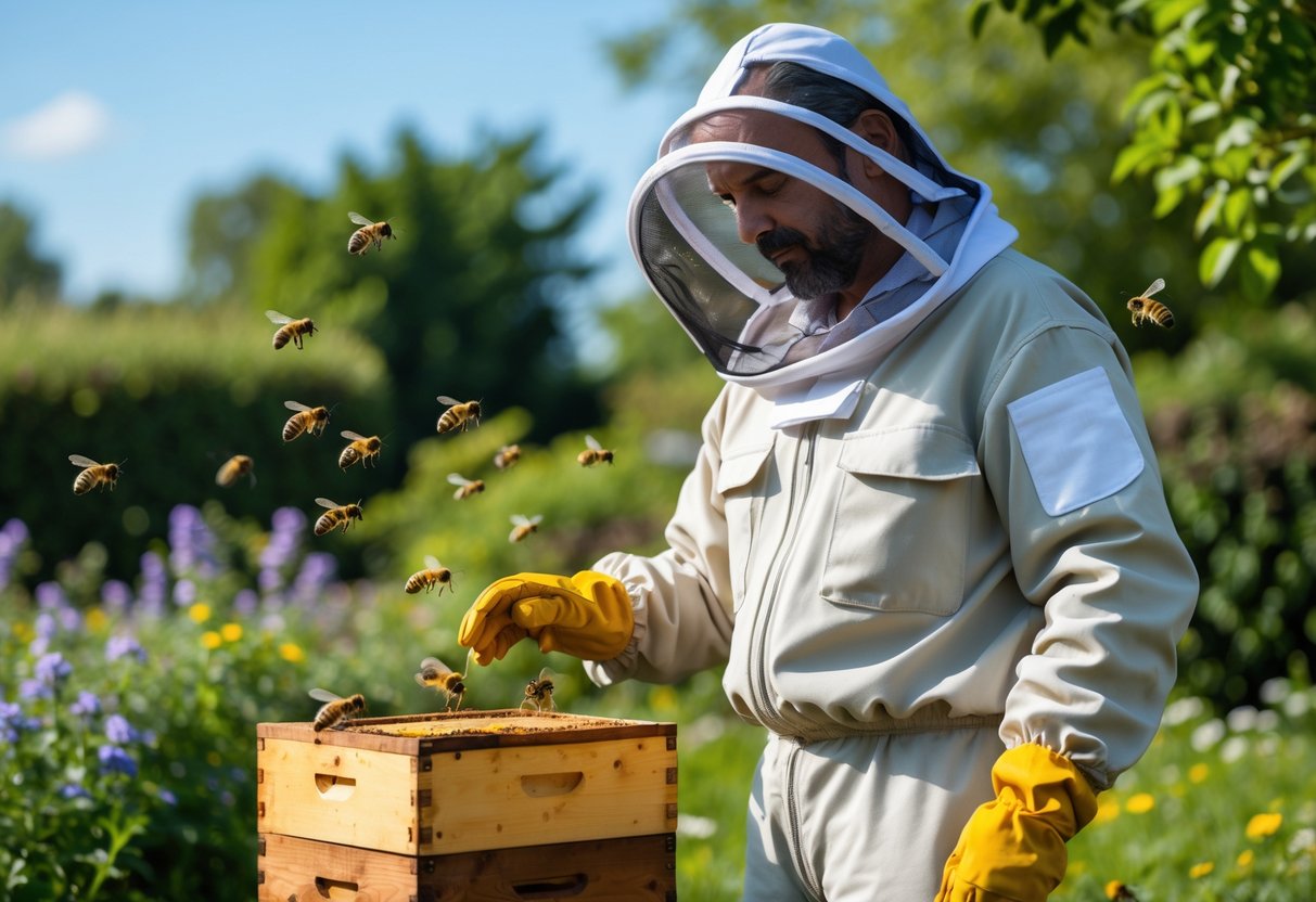 A beekeeper wearing a full protective suit standing near a wooden beehive with bees flying around in a green garden.