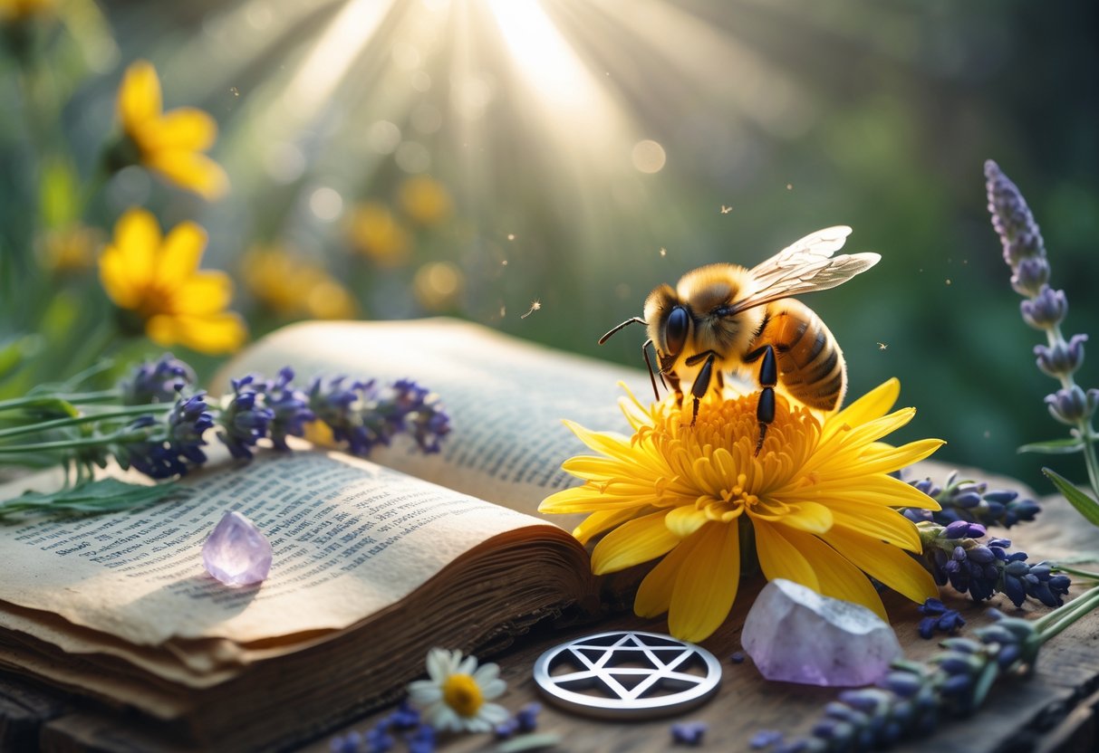 A close-up of a honeybee on a yellow flower surrounded by dried herbs, crystals, an open ancient book, and a silver pentacle pendant on a wooden table with natural foliage in the background.