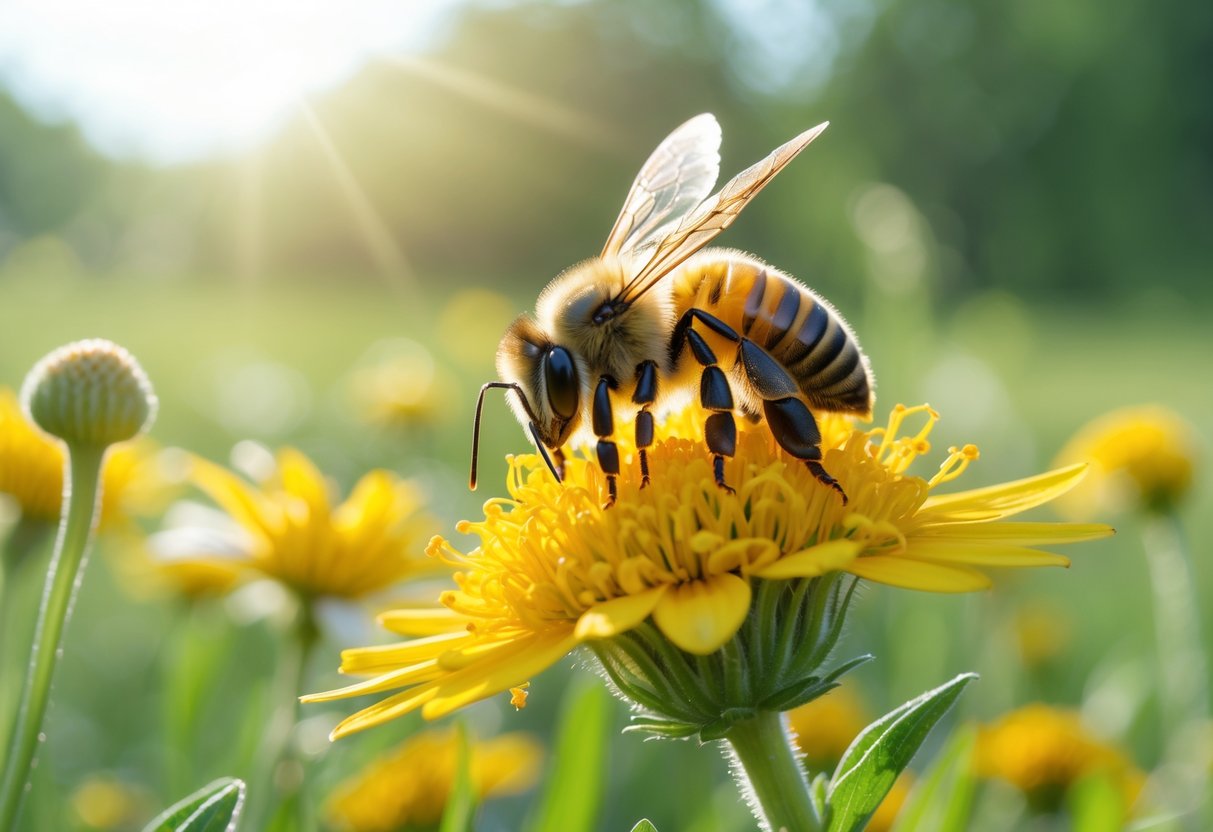 A honeybee resting on a yellow flower in a sunlit meadow with green foliage in the background.