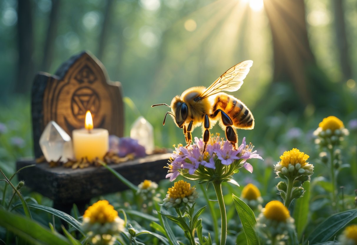 A close-up of a honeybee on wildflowers in a forest clearing with a wooden altar, crystals, dried herbs, and a lit candle in the background.