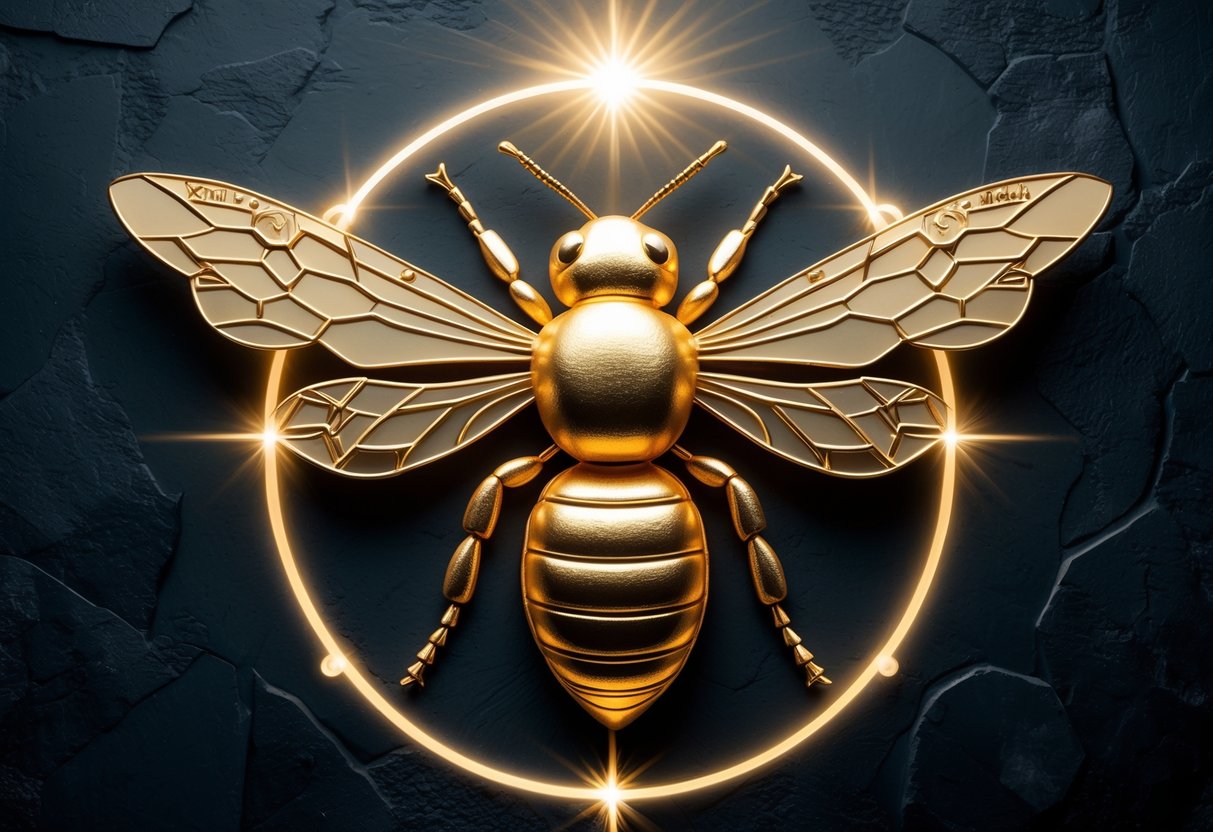 A golden bee with detailed wings and a glowing halo on a dark background, symbolizing a sacred bee.