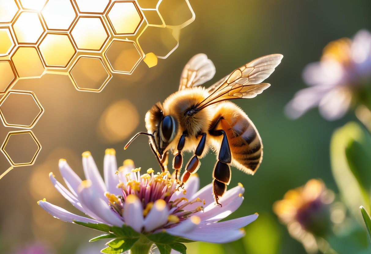 A close-up of a honeybee on a flower with honeycomb patterns in the background.