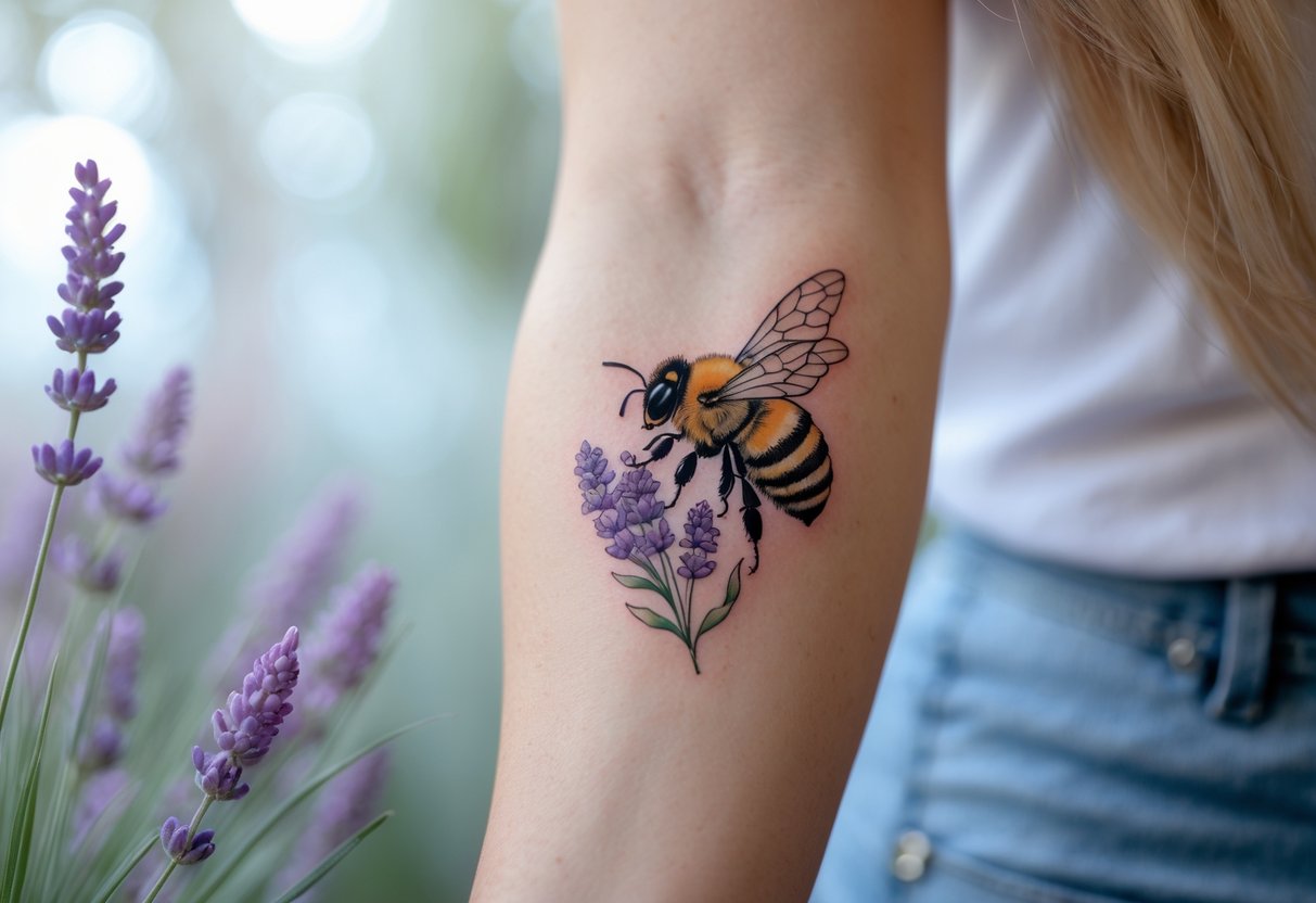 Close-up of a person's forearm with a detailed bee tattoo resting on lavender flowers.