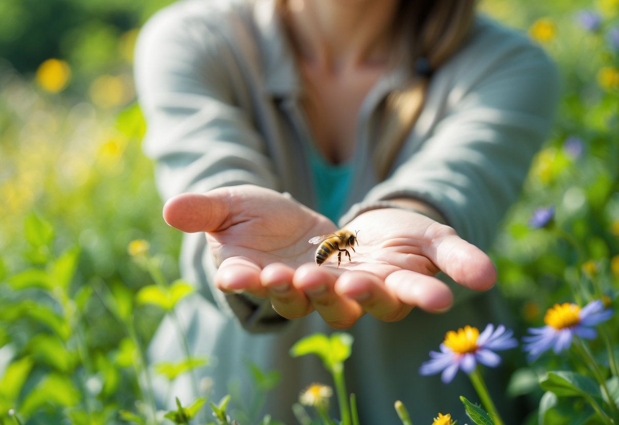 A person outdoors in a garden holding out their hand with a bee hovering nearby.