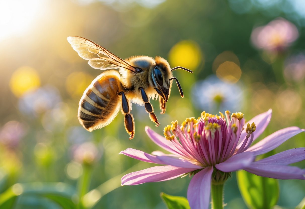 A bee flying near a blooming flower in a sunlit natural setting.
