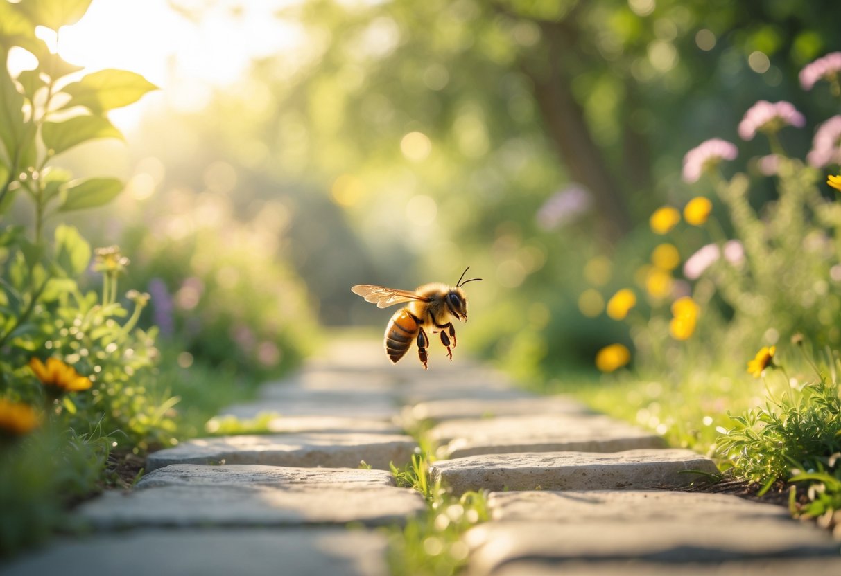 A honeybee flying over a stone garden path surrounded by green plants and colorful flowers.