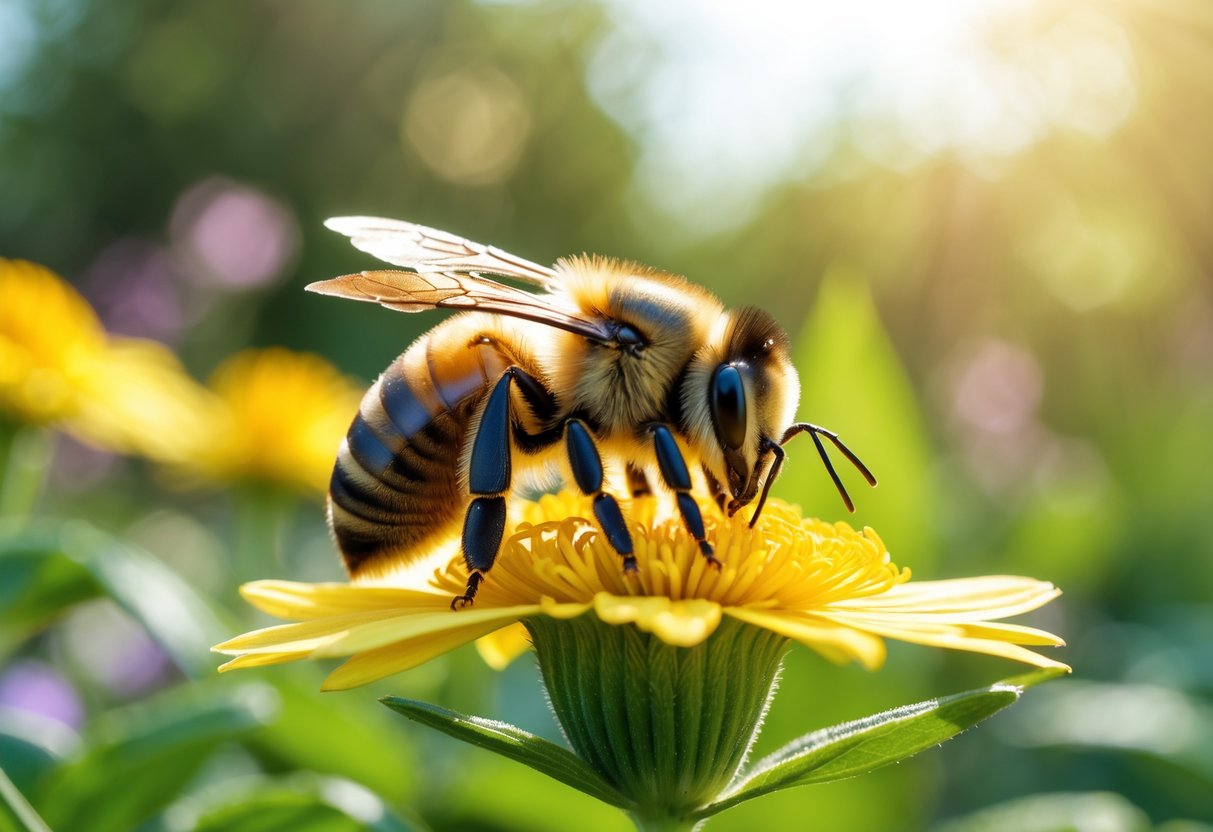 A bee resting on a yellow flower in a garden with green leaves and blurred flowers in the background.
