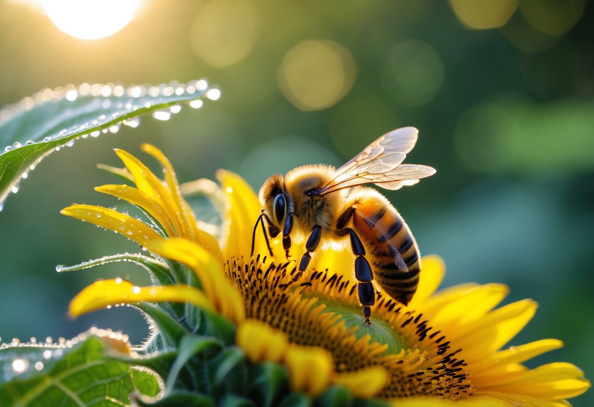 A honeybee on a bright yellow sunflower with green leaves and sunlight in the background.