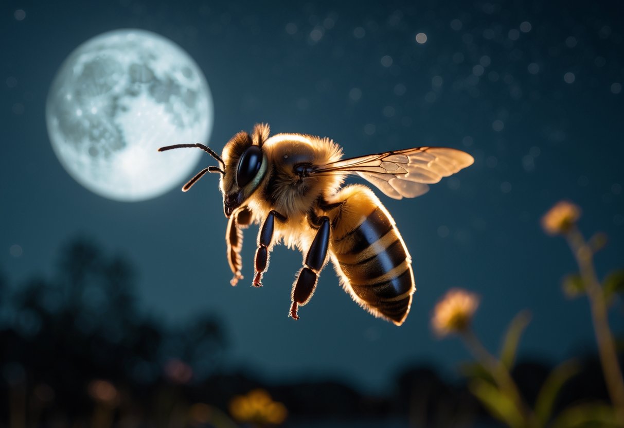 A bee flying at night with a starry sky and faintly visible plants in the background.