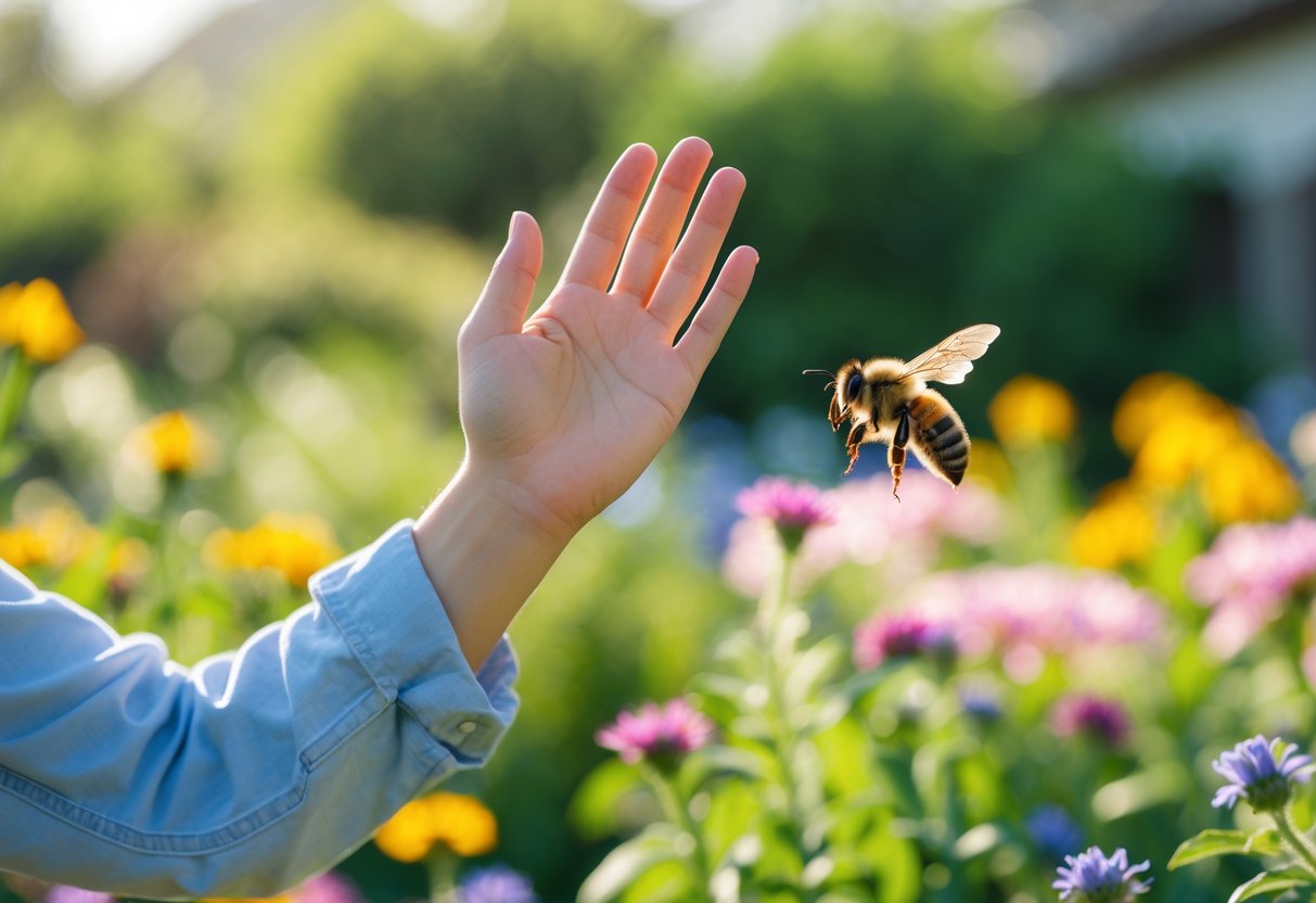 A person outdoors gently waving their hand near their face to shoo away a bee in a garden with colorful flowers.