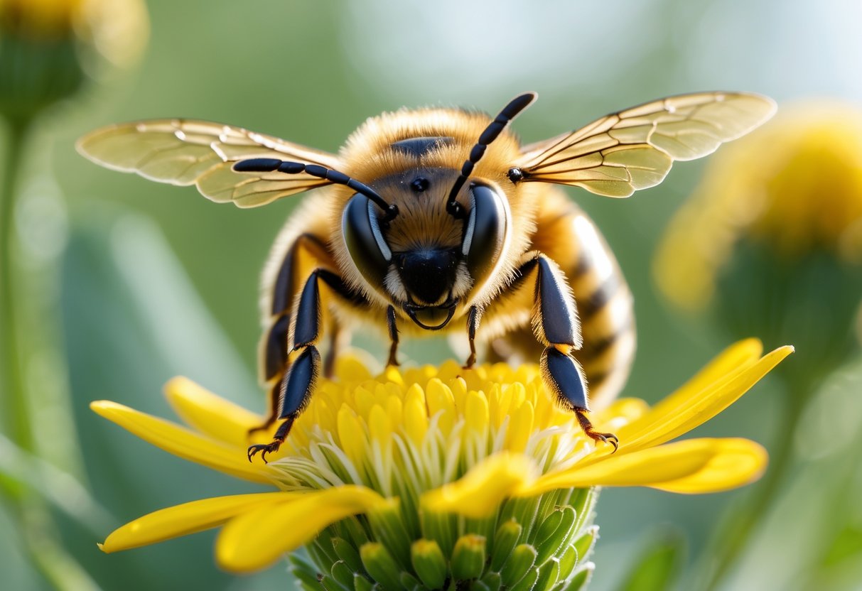 Close-up of a honeybee on a yellow flower, facing forward with detailed facial features visible.