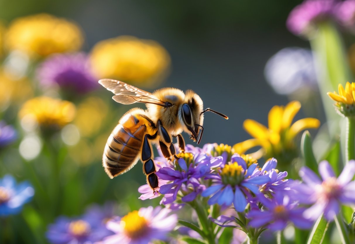 A honeybee hovering near colorful flowers in a garden, focusing on the bee and the blossoms.