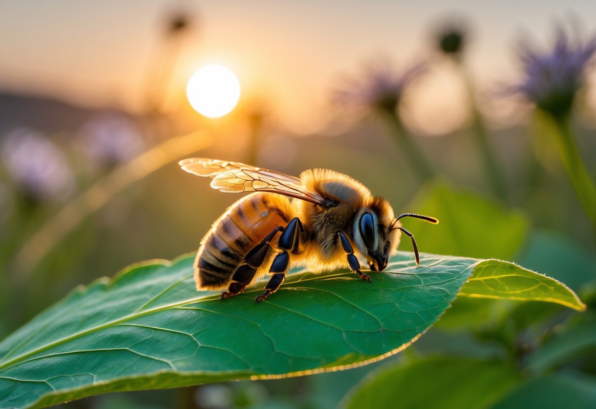 A honeybee resting quietly on a green leaf at sunset with its wings folded and eyes partially closed.