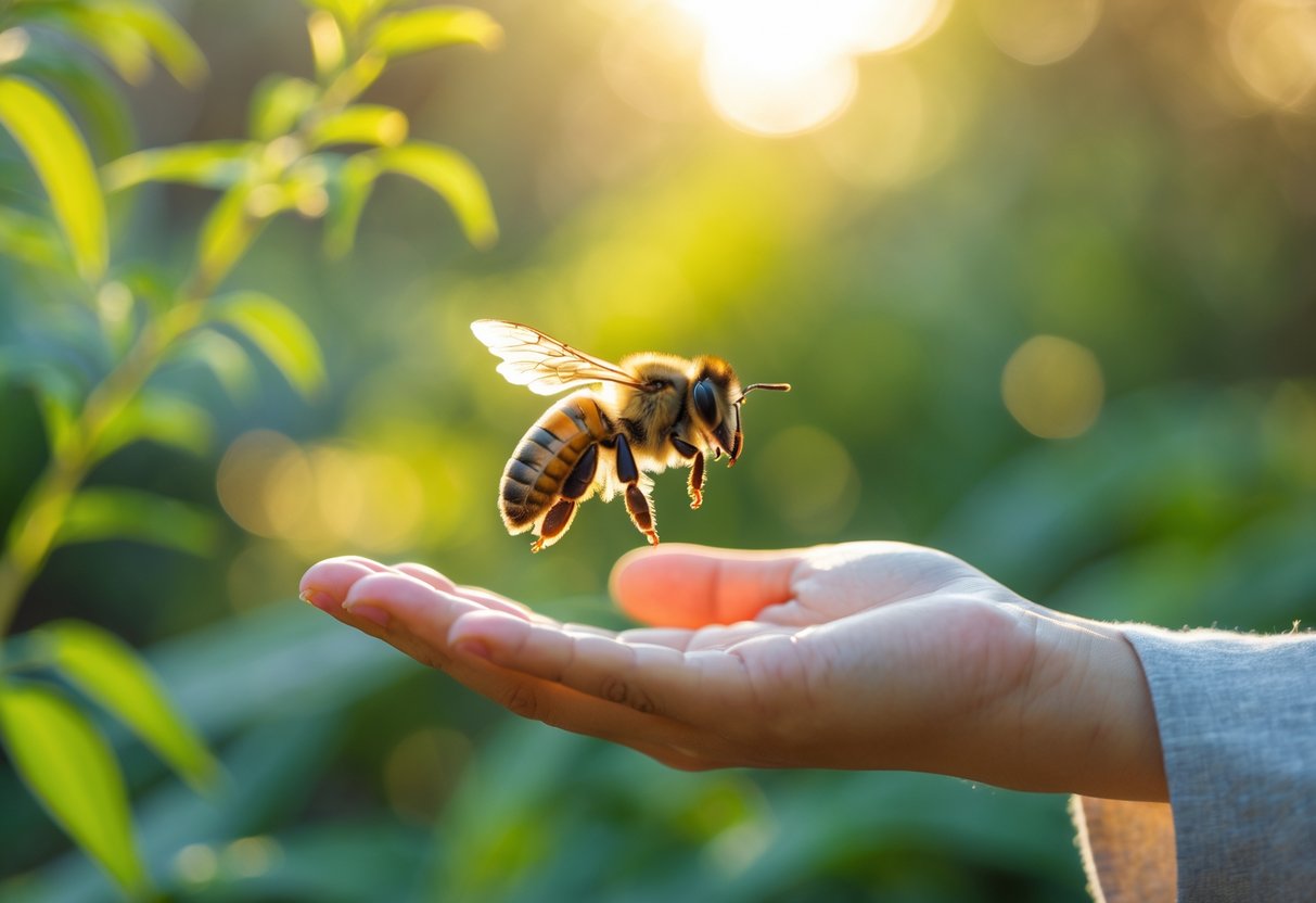 A bee flying near a person's outstretched hand outdoors with green foliage in the background.